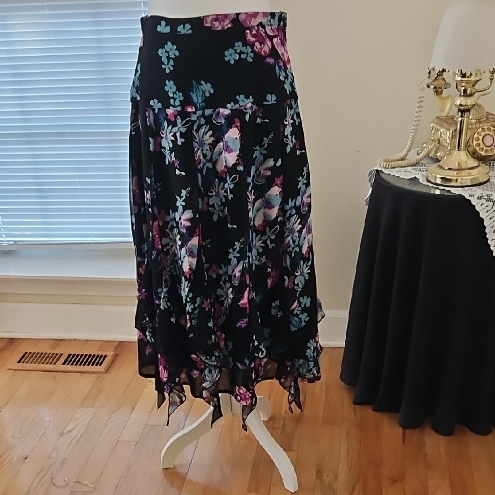 Elegant Asymmetrical Skirt in Black with Purple Floral Design